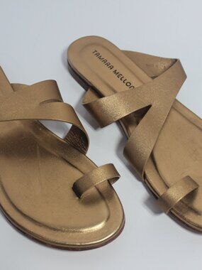 TAMARA MELLON AIMEE WOMENS METALLIC GOLD LEATHER SLIDE SANDALS SZ 10